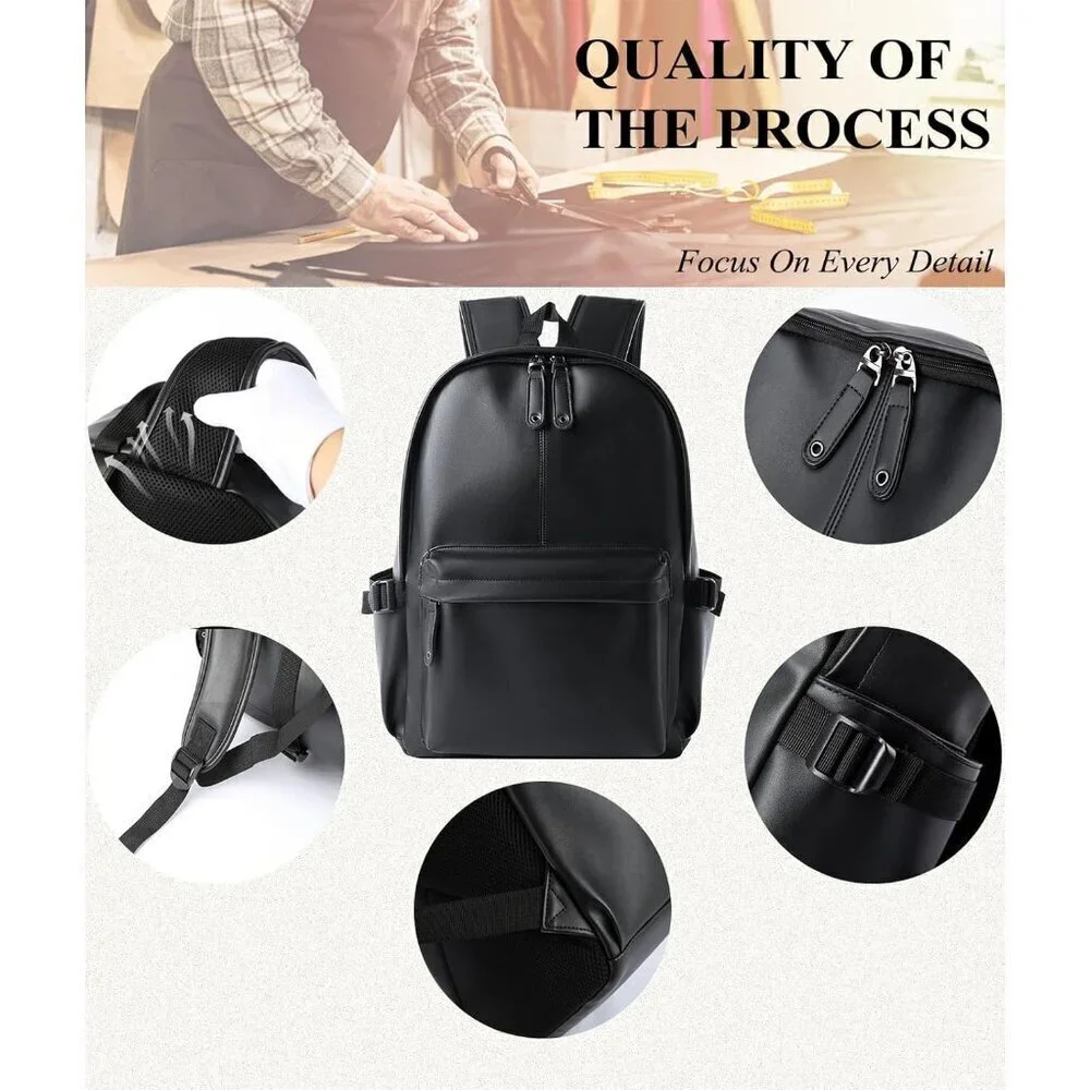 ✨Men Black Pu Leather Laptop Classic Purse Airplane Travel Backpack Business Bag